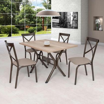 Imagem de Conjunto mesa jogo sala jantar ciplafe karina x 4 cadeiras tubo bronze tampo madeira bp carvalho montreal 1,20m assento estofado