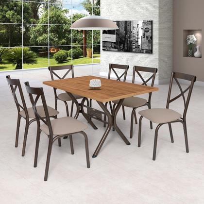 Imagem de Conjunto Mesa Jogo Sala Jantar Ciplafe Karina x 6 Cadeiras Tubo Branco Tampo Madeira bp Amendoa 1,36m Assento Estofado