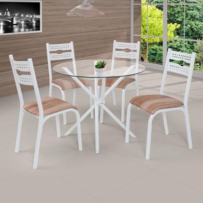 Imagem de Conjunto mesa jogo sala jantar ciplafe luna slim tampo vidro incolor 0,90m redondo com 4 cadeiras tubo branco assento estofado