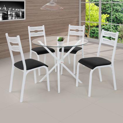 Imagem de Conjunto mesa jogo sala jantar ciplafe luna slim tampo vidro incolor 0,90m redondo com 4 cadeiras tubo branco assento estofado