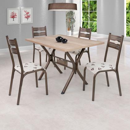 Imagem de Conjunto mesa jogo sala jantar ciplafe luna tampo madeira bp carvalho montreal 1,20m x 0,80m retangular com 4 cadeiras tubo bronze assento estofado