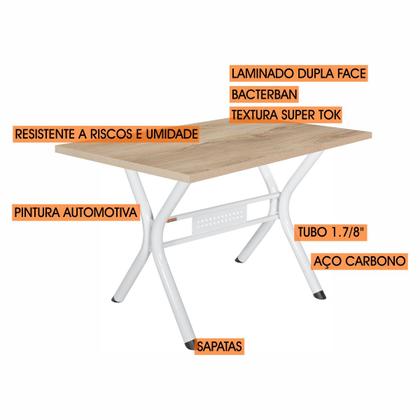Imagem de Conjunto mesa jogo sala jantar ciplafe luna tampo madeira bp carvalho montreal 1,36m x 0,80m retangular com 6 cadeiras tubo branco assento estofado