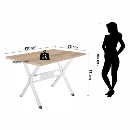 Imagem de Conjunto mesa jogo sala jantar ciplafe luna tampo madeira bp carvalho montreal 1,36m x 0,80m retangular com 6 cadeiras tubo branco assento estofado