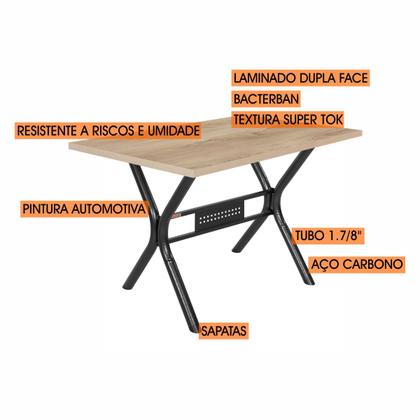Imagem de Conjunto mesa jogo sala jantar ciplafe luna tampo madeira carvalho montreal 1,36m x 0,80m retangular 6 cadeiras tubo craqueado preto assento estofado