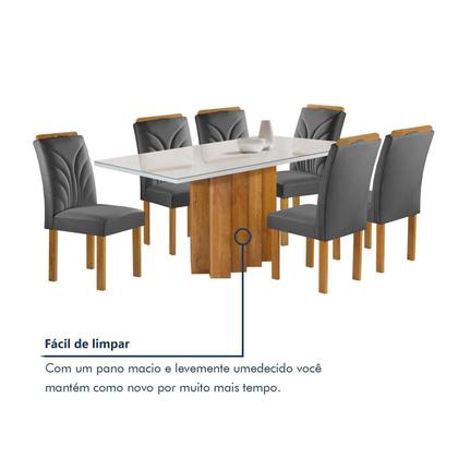 Imagem de Conjunto Mesa Lorena 160cmx80cm com 6 Cadeiras Carolina Tampo Dakota Plus com Vidro