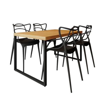 Conjunto Mesa Madeira Maciça Bernardo 1,20m Ferragem Preta com 4 Cadeiras Alegra Preta - MAHARAECODESIGN Imagem de Conjunto Mesa Madeira Maciça Bernardo 1,20m Ferragem Preta com 4 Cadeiras Alegra Preta