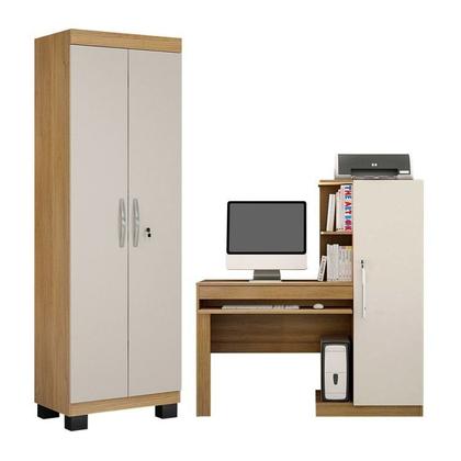 Imagem de Conjunto Mesa para Computador Escrivaninha com Armário e Multiuso 2 Portas com Chave Asteca Off White Cinamomo Bege