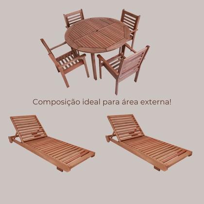 Imagem de Conjunto Mesa Redonda 4 Cadeiras Empilháveis e 2 Espreguiçadeiras Madeira Maciça Madeira
