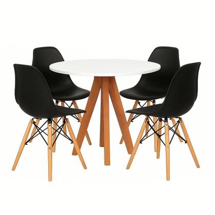 Imagem de Conjunto Mesa Redonda Branca 90cm + 4 Cadeiras Eames Pretas Pés Madeira Sala Jantar Cozinha Moderna Pronta Entrega
