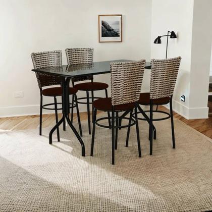 Imagem de Conjunto Mesa Retangular 70x120cm Preta Com 4 Cadeiras Junco Cappuccino