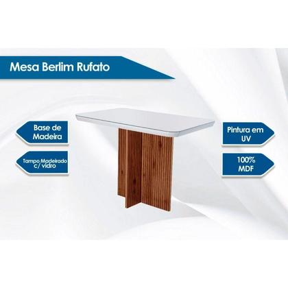 Imagem de Conjunto: Mesa Sala Jantar Berlim c/ Tampo Madeirado c/ Vidro Canto Curvo 120x80cm e 4 Cadeiras Jade Imbuia/Off White - Suede Grafite - Rufato