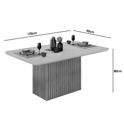 Imagem de Conjunto: Mesa Sala Jantar Canes Tampo Madeirado c/ Vidro Curvo 170x90cm e 6 Cadeiras Julia Cedro/Off White - Linho Neve - DJ Móveis
