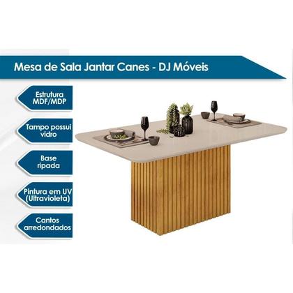 Imagem de Conjunto: Mesa Sala Jantar Canes Tampo Madeirado c/ Vidro Curvo 170x90cm e 6 Cadeiras Julia Cedro/Off White - Linho Neve - DJ Móveis