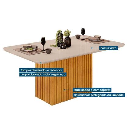 Imagem de Conjunto: Mesa Sala Jantar Canes Tampo Madeirado c/ Vidro Curvo 170x90cm e 6 Cadeiras Julia Cedro/Off White - Linho Neve - DJ Móveis