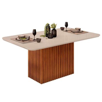 Imagem de Conjunto: Mesa Sala Jantar Canes Tampo Madeirado c/ Vidro Curvo 170x90cm e 6 Cadeiras Julia Cedro/Off White - Linho Neve - DJ Móveis