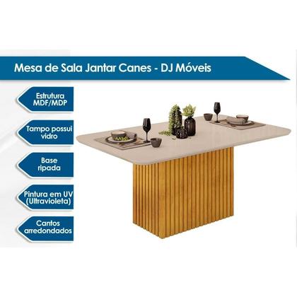 Imagem de Conjunto: Mesa Sala Jantar Canes Tampo Madeirado c/ Vidro Curvo 170x90cm e 8 Cadeiras Talia Cedro/Off White - Suede Creme - DJ Móveis