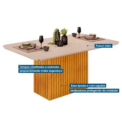 Imagem de Conjunto: Mesa Sala Jantar Canes Tampo Madeirado c/ Vidro Curvo 170x90cm e 8 Cadeiras Talia Cedro/Off White - Suede Creme - DJ Móveis