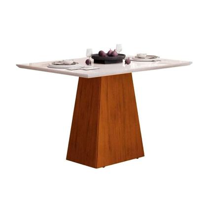 Imagem de Conjunto: Mesa Sala Jantar Dulce Tampo Madeirado c/ Vidro Reto 120x90cm e 4 Cadeiras Zoe Cedro/Off White - Suede Moca - DJ Móveis