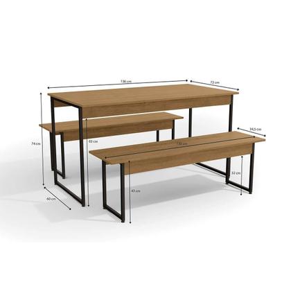 Imagem de Conjunto: Mesa Sala Jantar Industrial LI013 c/ Tampo Madeirado 136x72cm e 2 Bancos Freijo/Preto - Kappesberg