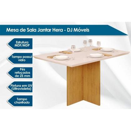 Imagem de Conjunto: Mesa Sala Jantar Italia c/ Tampo Madeirado c/ Vidro 120x90cm e 4 Cadeiras Talia Cedro/Off White - Suede Creme - DJ Móveis