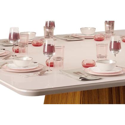Imagem de Conjunto: Mesa Sala Jantar Itália Tampo Madeirado c/ Vidro Curvo 136x136cm e 8 Cadeiras Lia Freijo/Off White - Suede Kraft - DJ Móveis