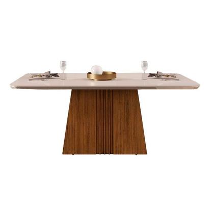 Imagem de Conjunto: Mesa Sala Jantar Italia Tampo Madeirado c/ Vidro Curvo 170x90cm e 4 Cadeiras Zoe Freijo/Off White - Suede Moca - DJ Móveis