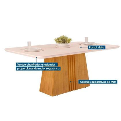 Imagem de Conjunto: Mesa Sala Jantar Italia Tampo Madeirado c/ Vidro Curvo 170x90cm e 4 Cadeiras Zoe Freijo/Off White - Suede Moca - DJ Móveis