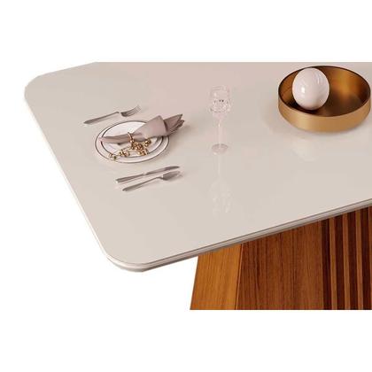 Imagem de Conjunto: Mesa Sala Jantar Italia Tampo Madeirado c/ Vidro Curvo 170x90cm e 4 Cadeiras Zoe Freijo/Off White - Suede Moca - DJ Móveis