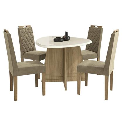 Imagem de Conjunto: Mesa Sala Jantar Lótus Tampo Madeirado c/ Vidro 105x135cm e 4 Cadeiras 2CAD153 Nogueira/Off White/Vidro Off White - Eucalipto - Kappesberg