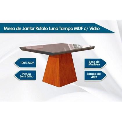 Imagem de Conjunto: Mesa Sala Jantar Luna c/ Tampo Madeirado c/ Vidro Canto Curvo 90x90cm e 4 cadeiras Imperatriz Imbuia/Off White - Suede Creme - Rufato
