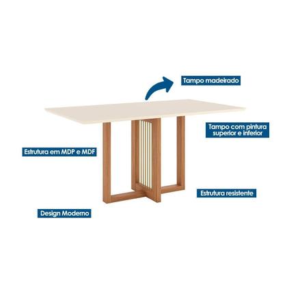 Imagem de Conjunto: Mesa Sala Jantar Natalí c/ Tampo Madeirado Reto s/ Vidro 160x90cm e 6 Cadeiras Milla Nature/Suede Light Linho - Henn