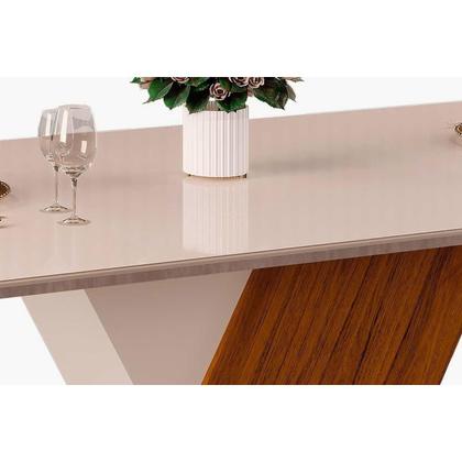 Imagem de Conjunto: Mesa Sala Jantar Rubi Tampo Madeirado c/ Vidro Curvo 170x90cm e 6 Cadeiras Zoe Cedro/Off White/Off White - Suede Creme - DJ Móveis