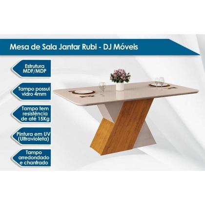 Imagem de Conjunto: Mesa Sala Jantar Rubi Tampo Madeirado c/ Vidro Curvo 170x90cm e 6 Cadeiras Zoe Cedro/Off White/Off White - Suede Creme - DJ Móveis