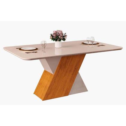 Imagem de Conjunto: Mesa Sala Jantar Rubi Tampo Madeirado c/ Vidro Curvo 170x90cm e 6 Cadeiras Zoe Cedro/Off White/Off White - Suede Creme - DJ Móveis