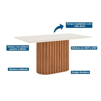 Imagem de Conjunto: Mesa Sala Jantar Solana c/ Tampo Madeirado c/ Vidro Reto 160x90cm e 6 Cadeiras Bella Nature/Linho - Henn