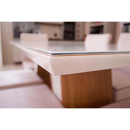 Imagem de Conjunto: Mesa Sala Jantar Solana SC66 Tampo Madeirado c/ Vidro Canto Curvo 200x90cm e 8 Cadeiras Anne Nature/Courano/Linho - Henn