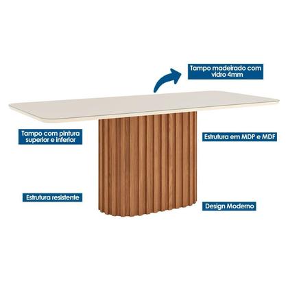 Imagem de Conjunto: Mesa Sala Jantar Solana SC66 Tampo Madeirado c/ Vidro Canto Curvo 200x90cm e 8 Cadeiras Anne Nature/Courano/Linho - Henn