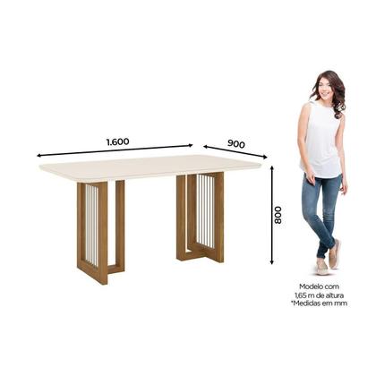 Imagem de Conjunto: Mesa Sala Jantar Yara c/ Tampo Madeirado c/ Vidro Curvo 160x90cm e 6 Cadeiras Malu Nature/Suede Light Marrom Amendoa - Henn