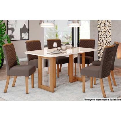 Imagem de Conjunto: Mesa Sala Jantar Yara c/ Tampo Madeirado c/ Vidro Curvo 160x90cm e 6 Cadeiras Malu Nature/Suede Light Marrom Amendoa - Henn