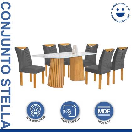 Imagem de Conjunto Mesa Stella Ripada 170cm com 6 Cadeiras Stella Tampo Smart Plus com Vidro