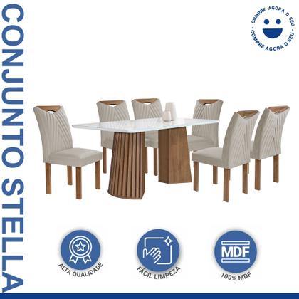 Imagem de Conjunto Mesa Stella Ripada 170cm com 6 Cadeiras Stella Tampo Smart Plus com Vidro