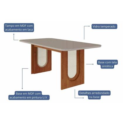 Imagem de Conjunto Mesa Valentina Tampo Madeirado c/ Vidro 210x100cm e 8 Cadeiras Fernanda Cinamomo/Off White - Madeirado/Suede Jo-Cimol