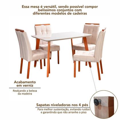 Imagem de Conjunto Mesa Verona Tampo Off White com 4 Cadeiras Madeira Maciça, Detalhe em Botonê e Estofada Sop