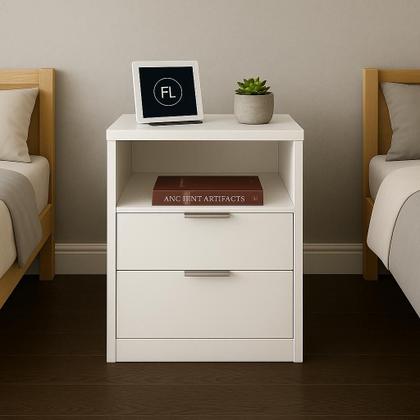 Imagem de Conjunto Mesas de Cabeceira Branca Estilo Cômoda com 2 Gavetas e 1 Nicho Para Quarto Lateral da Cama