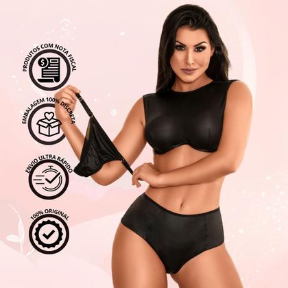 Imagem de Conjunto Mileena Top Cropped Cirrê Liso com Calcinhas Pants e Tanga sem Bojo 