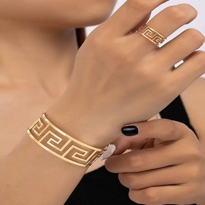 Imagem de Conjunto Moderno de Bracelete e Anel Reajustável Banhado a Ouro 18K  Estilo Grego