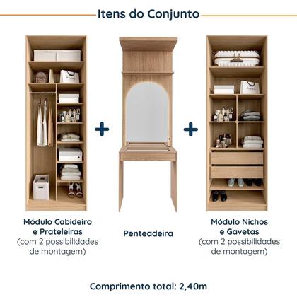 Imagem de Conjunto Modulado Infantil 3 Peças 4 Portas, Módulos Nichos 2 Gavetas Cabideiro e Penteadeira com Espelho Joy Kids CabeCasa MadeiraMadeira