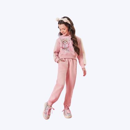 Imagem de Conjunto Moletom Com Capuz E Calça Jogger Ursinho Infantil Menina Mundo Cinti 12367 Rosa