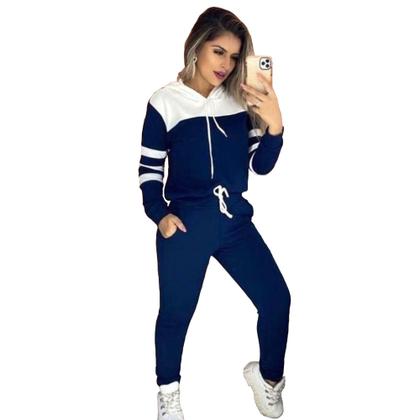 Imagem de Conjunto Moletom Feminino Inverno Frio Malha Crepe com Capuz Blusa + Calça Azul