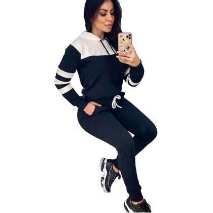 Imagem de Conjunto Moletom Feminino Inverno Frio Malha Crepe com Capuz Blusa + Calça Preto